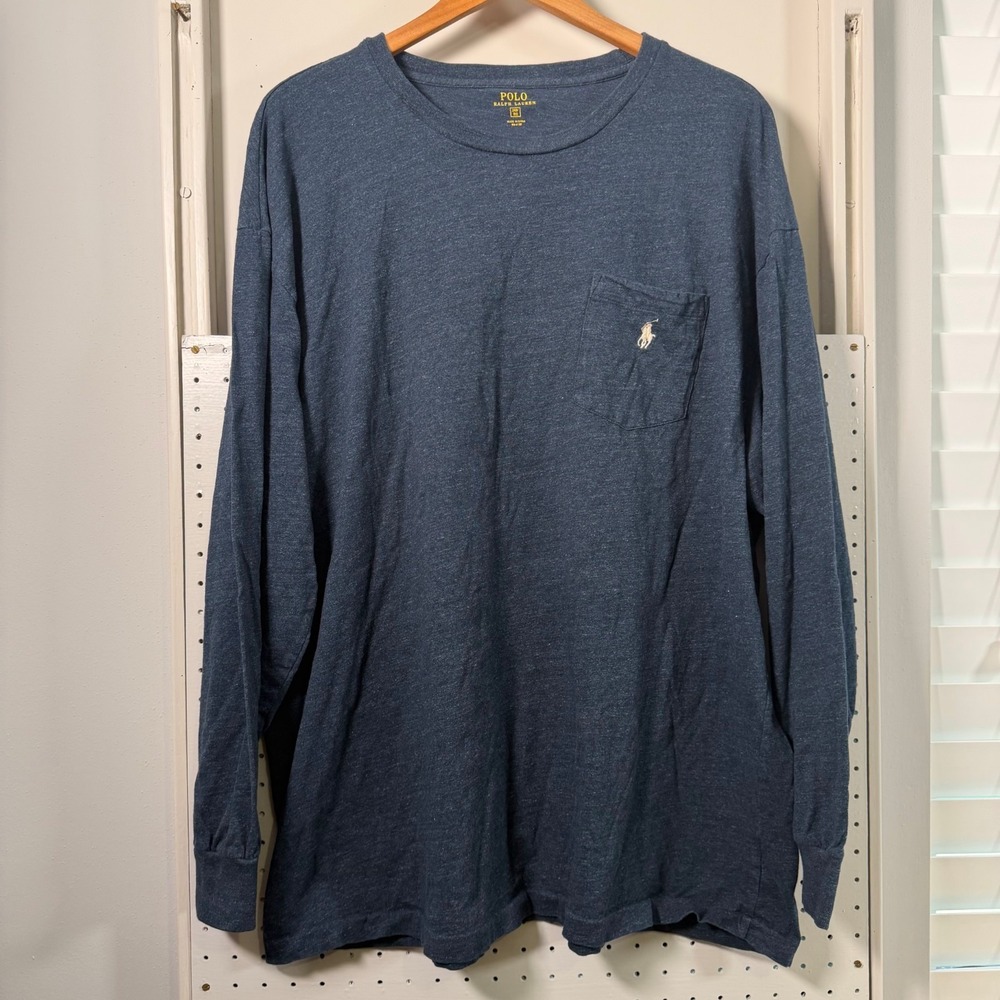 Polo Ralph Lauren T-Shirt Men's Heather Navy Logo Embroidered Long Sleeve - 2XB